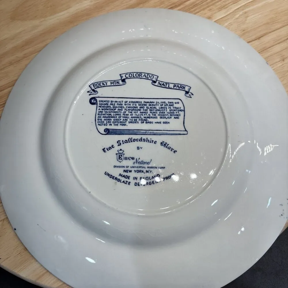 Vintage Rocky Mtn Nat’l Park Fine Straffordshire Ware Blue White Souvenir Plate